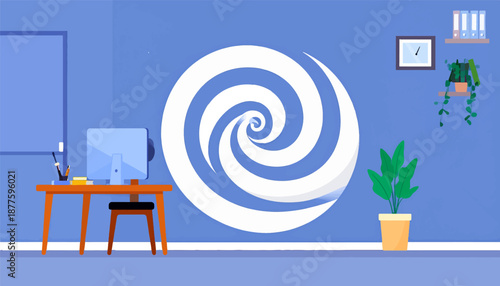 A minimalist office scene featuring a desk with a computer and a hypnotic spiral art piece on the wall