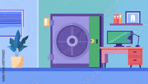 A modern office interior with a large vault door and a computer desk