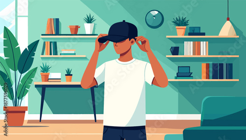 A person adjusting a baseball cap in a room with bookshelves and plants