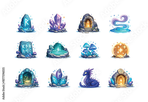 Mystical Cavern Icons. Mystical caverns. Colorful flat vector icons set of mystical caverns: glowing rune stone, enchanted crystal, mysterious doorway,