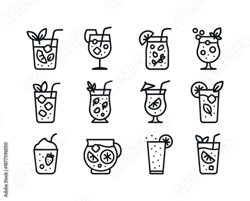 Mocktail Icons Collection. Mocktails. Line icon set of Mocktails: virgin mojito, fruit spritzer, iced lemonade, sparkling berry mocktail, cucumber cooler,