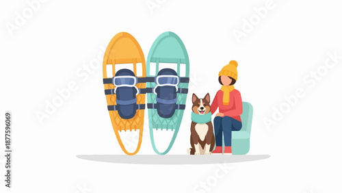 A person and a dog ready for a snowy adventure with snowshoes nearby