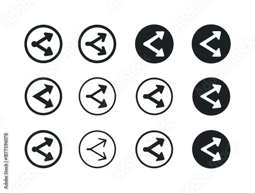 Harmonious Share Icons. Share. Icon set. Set Logo of share: circle with outward arrows. harmonious logo variations of the same emblematic concept, each with
