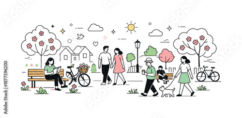 Springtime Neighborhood Stroll. Spring street scenes. A cozy spring neighborhood street with bicycles, benches, and flowering trees, people casually strolling
