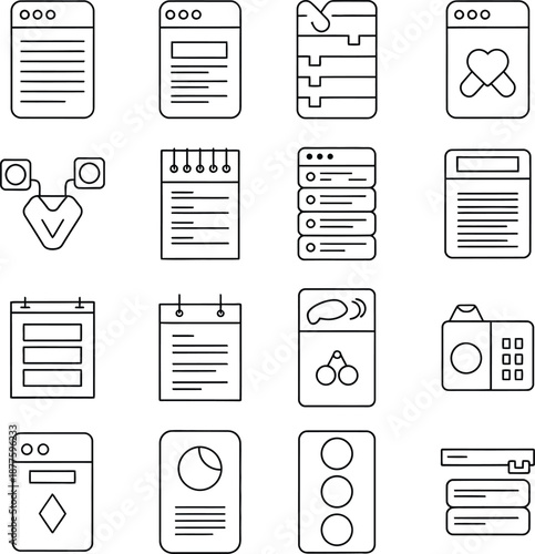 Comprehensive UI UX Wireframe Kit and Minimalist Web Interface Design Elements, Black and White Vector Icons and Symbols for Mobile App Dashboard and Software Prototyping Projects.