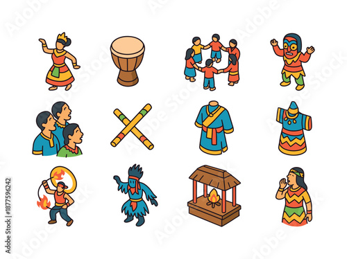 Cultural Performance Icons. Cultural performances. Colorful isometric vector icons set of cultural performances: traditional dancer, hand drum, performance
