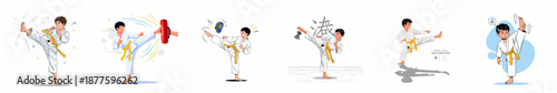 Dynamic Martial Arts Training Vector Set: Young Athlete in Yellow Belt Practices Various High Kicks for Skill and Fitness in Karate or Taekwondo.