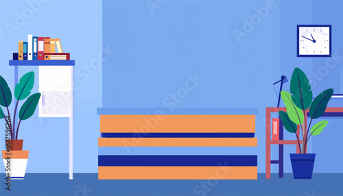 A minimalist office scene with potted plants, shelves of binders, and a clock on the wall