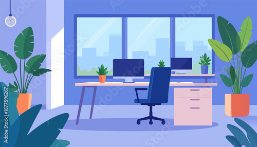 A modern office interior with plants, computers, and a cityscape view through large windows