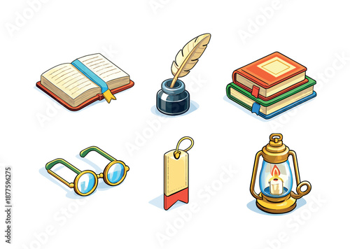 Isometric Literature Icons. Literature. Isometric flat vector icons set of Literature: open book, quill and inkpot, stacked novels, reading glasses, bookmark,