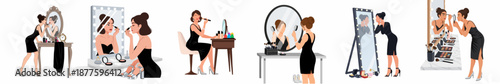 Collection of illustrations showing a glamorous woman applying makeup, doing hair, and dressing up in front of various mirrors.