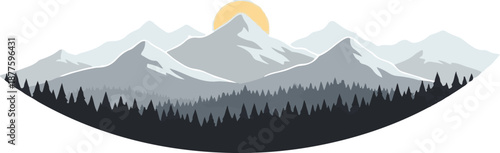A minimalist pixel art of a mountain range with a sun rising above peaks and evergreen trees