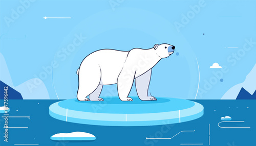 A minimalist polar bear stands on an ice floe against a cool blue Arctic backdrop