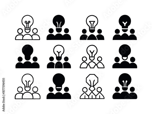 Team Logo Concepts. Team brainstorming innovative ideas. Icon set. Set Logo of team brainstorming innovative ideas: group with lightbulb. harmonious logo