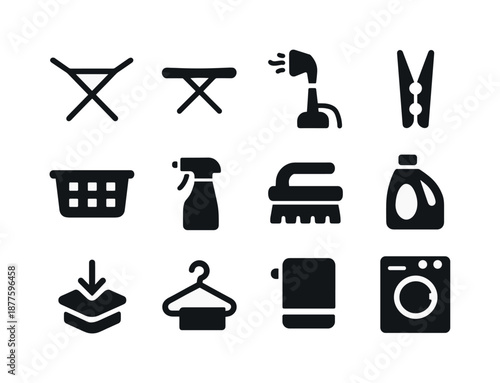 Laundry Tools Icons. Laundry tools. Solid icon set of Laundry tools: drying rack, ironing board, steamer, clothespin, basket, spray bottle, brush, detergent,