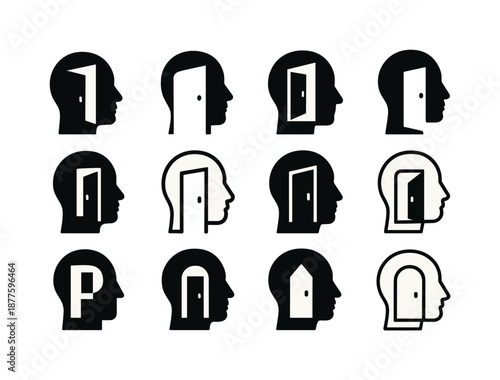 Positive Thinking Icons. Positive thinking and mindset shifts. Icon set. Set Logo of Positive thinking and mindset shifts: Open door in silhouette: Negative