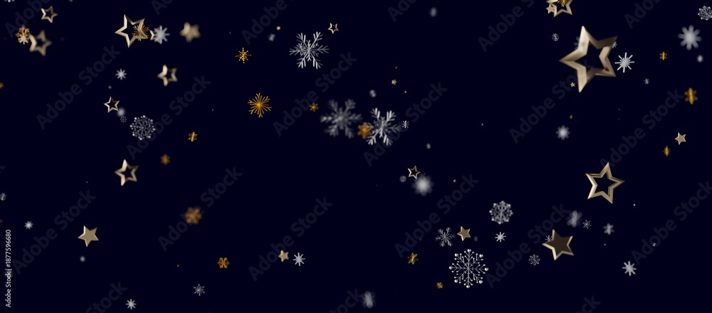 Naklejka premium Elegant dark blue background with sparkling gold stars and snowflakes, creating a festive, dreamy and magical a