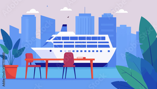 A minimalist flat illustration of a cityscape with a cruise ship, office furniture, and plants