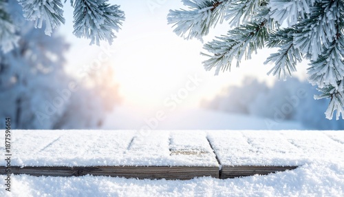 Snowy landscape view with foreground wooden planks, frosted branches, and blurred winter trees