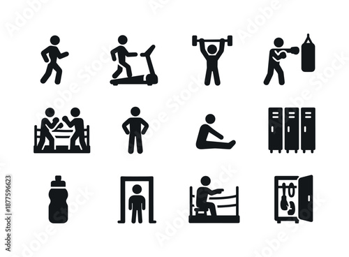 Boxing Workout Zones Icons. Boxing workout zones. Solid icon set of boxing workout zones: warm-up zone, cardio zone, strength zone, bag zone, sparring zone,