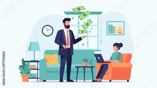 A man in a suit throws money into the air, while a woman works on a laptop on the couch