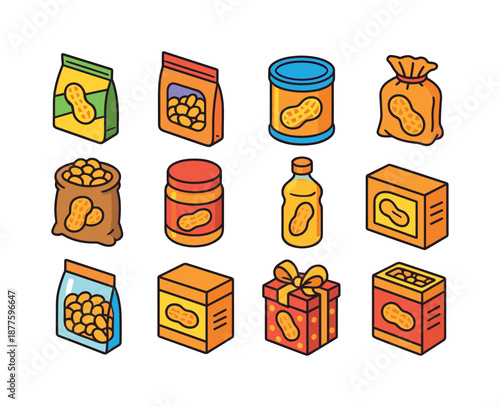Colorful Peanut Packaging Icons. Peanut packaging. Colorful isometric vector icons set of peanut packaging: snack pouch, resealable bag, metal tin, bulk sack,
