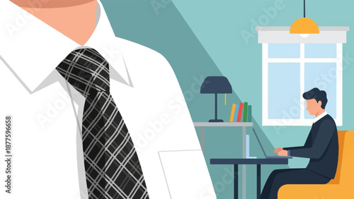 A man in a suit works on a laptop at a desk in a room with a window and a lamp