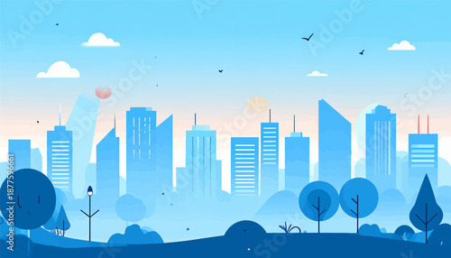 A minimalist, flat vector art illustration of a serene blue cityscape at dusk