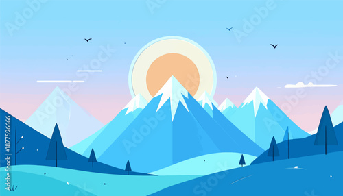 A minimalist, flat-design depiction of a serene mountain range under a vast, pale sky with a radiant sun and soaring birds