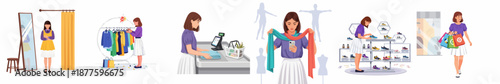 Woman's Fashion Shopping Experience Set: Trying Clothes, Browsing Sale Items, Checkout, and Walking with Purchases.