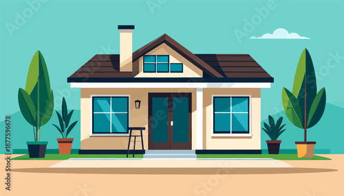 A minimalist, flat-design illustration of a tan suburban house with a dark roof and blue-paned windows