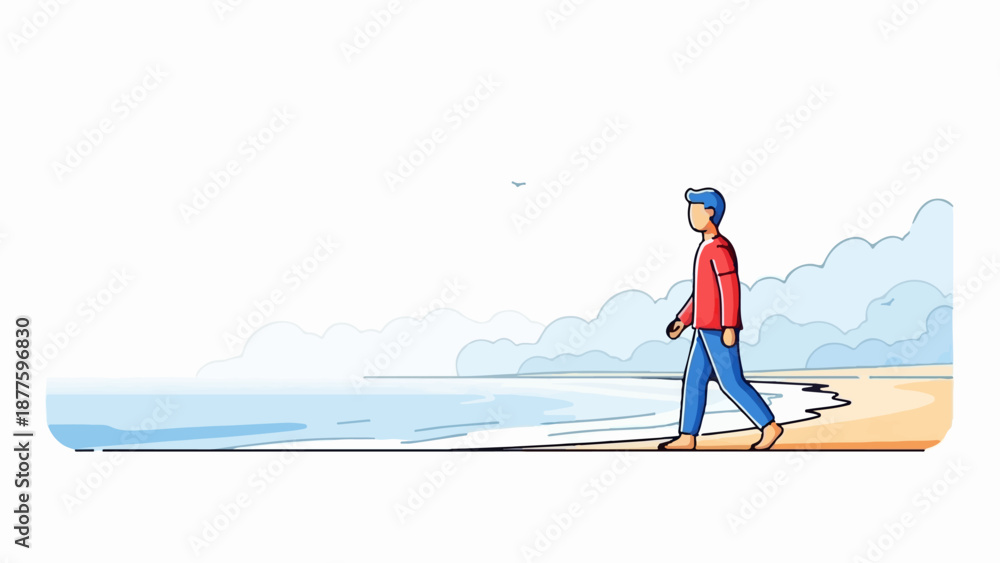 Obraz premium A lone figure strolls along a serene beach, bathed in soft, hazy light
