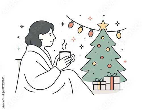 Peaceful Holiday Relaxation. Christmas evening calm. Person relaxing with a blanket and mug, looking at holiday lights. Quiet reflective holiday moment with