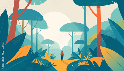 A lone figure stands on a path surrounded by stylized, colorful jungle foliage under a hazy sky