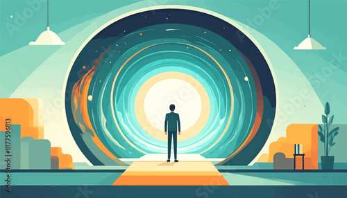 A lone figure stands before a swirling, cosmic portal, bathed in light