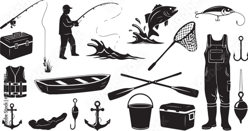 Fishing icons and equipment on white background illustration set