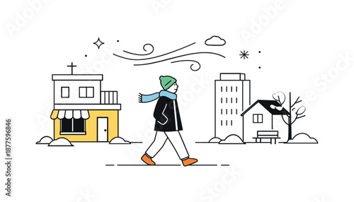 Minimal Winter Cityscape. Late Winter City. A minimal urban editorial scene with simple buildings, a walking character, and soft wind lines in the air. The