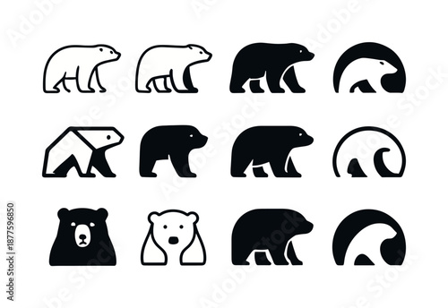 Marine Mammal Logos. Marine mammals. Icon set. Set Logo of Marine mammals: polar bear outline. harmonious logo variations of the same emblematic concept, each