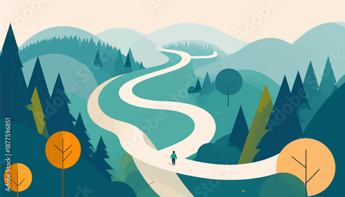 A lone figure walks a winding path through a stylized, hilly forest landscape