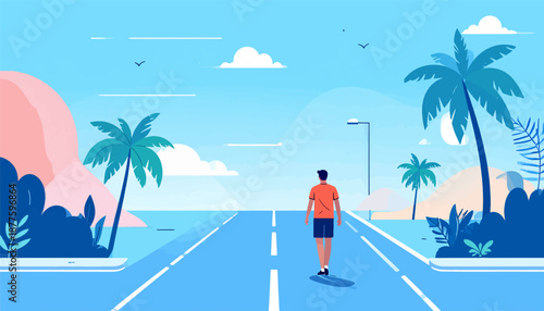 A lone figure walks down a coastal road lined with palm trees and tropical foliage under a bright blue sky