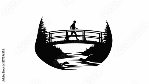 A lone figure walks across a bridge over a stream, framed by trees