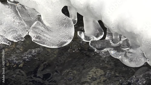 4K Frosted Flowers on River, Brook in Winter, Frozen Snow, Icicle Mountain Creek