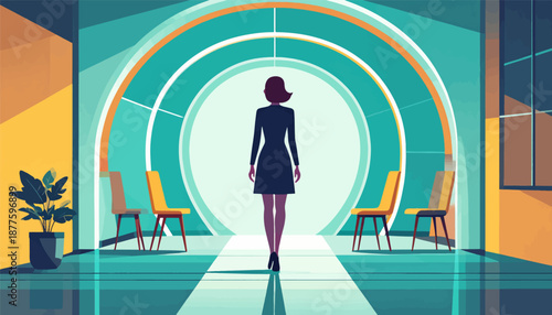 A lone figure walks through a modern, geometric interior with colorful chairs