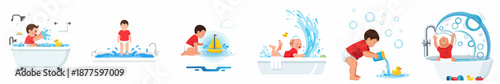 Set of vector illustrations depicting playful babies and toddlers enjoying water activities, splashing in bathtubs, and playing with bath toys.
