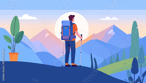 A lone hiker with a backpack pauses on a ridge, admiring a vast mountain vista at dawn