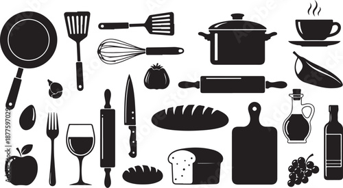 Kitchen Utensils and Food Icons in Black and White