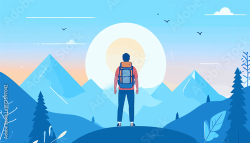 A lone hiker with a backpack stands on a hilltop, facing a bright sun and majestic mountains
