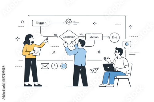 CRM Workflow Collaboration. CRM workflow optimization. Team adjusting automation rules on a visual flow diagram. Thoughtful collaboration focused on