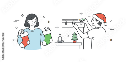 Festive Stockings Setup. People hanging stockings preparation. Someone holding stockings while another adjusts hooks or clips. Thoughtful setup and calm