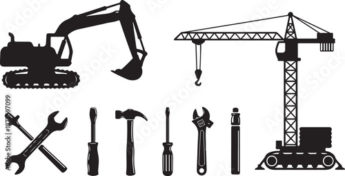 Construction tools and machinery in black silhouette style
